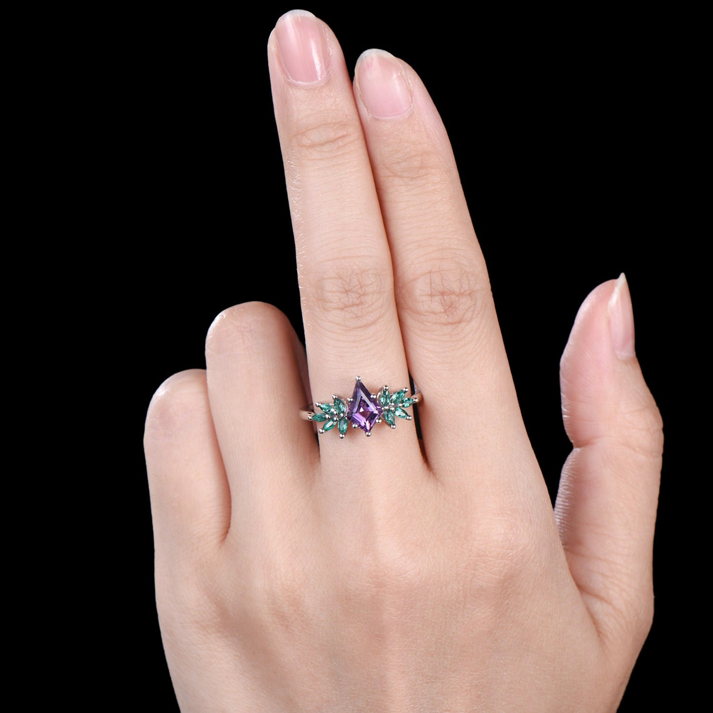Natural Kite cut Amethyst engagement ring 14k white gold ring cluster marquise cut emerald ring wing promise anniversary ring for women