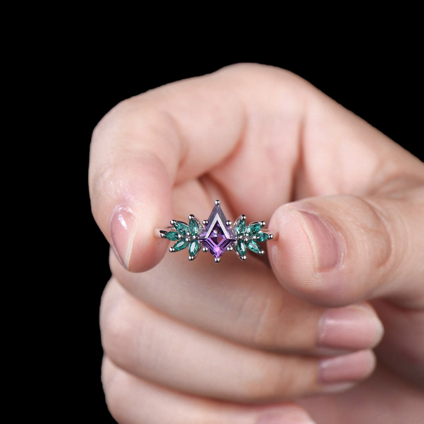 Natural Kite cut Amethyst engagement ring 14k white gold ring cluster marquise cut emerald ring wing promise anniversary ring for women