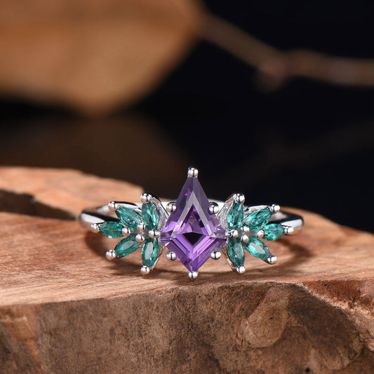 Natural Kite cut Amethyst engagement ring 14k white gold ring cluster marquise cut emerald ring wing promise anniversary ring for women