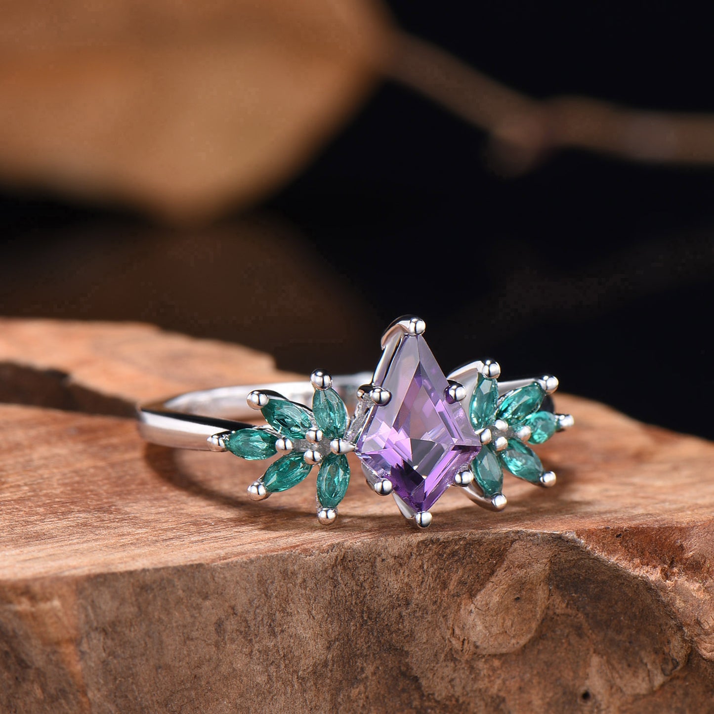 Natural Kite cut Amethyst engagement ring 14k white gold ring cluster marquise cut emerald ring wing promise anniversary ring for women