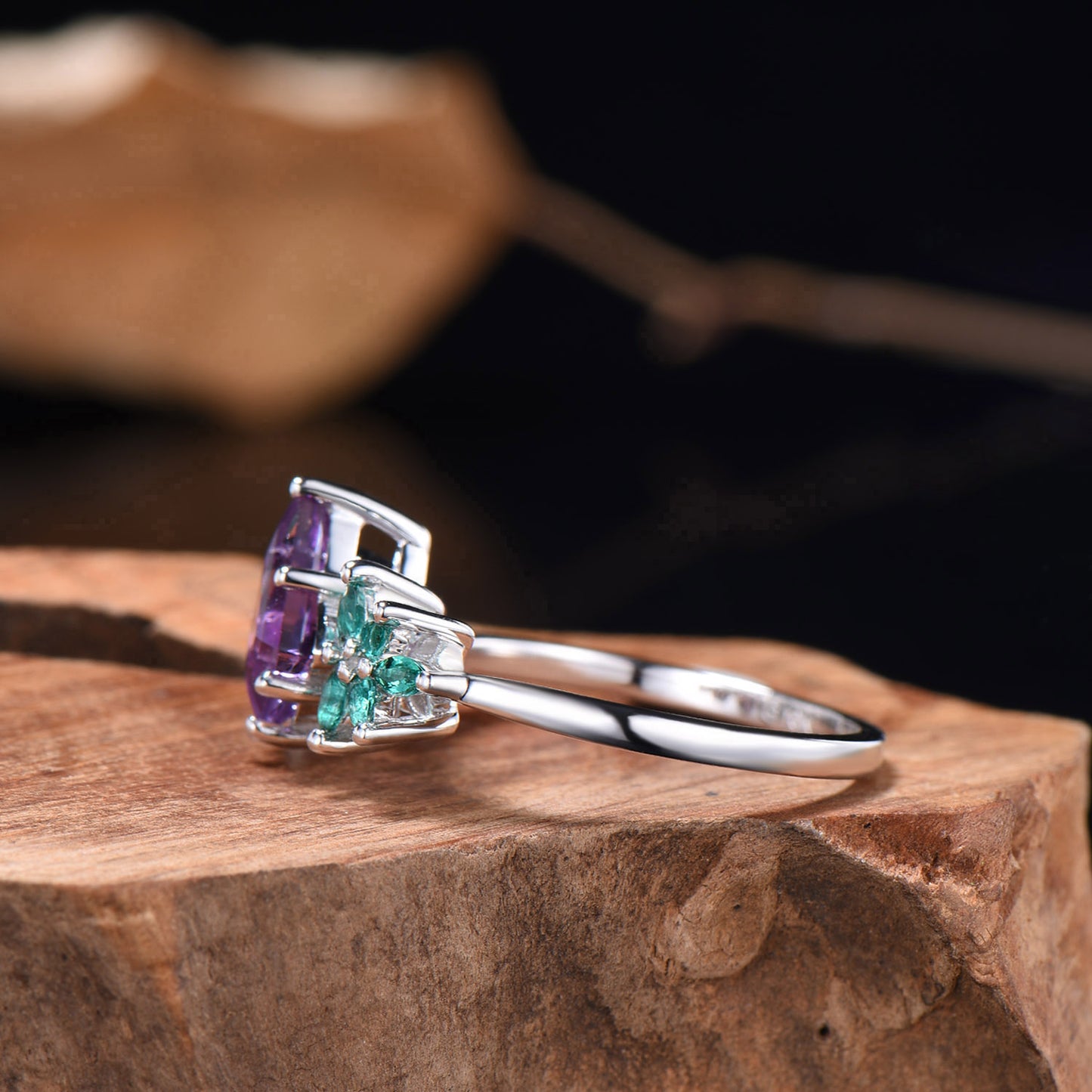 Natural Kite cut Amethyst engagement ring 14k white gold ring cluster marquise cut emerald ring wing promise anniversary ring for women
