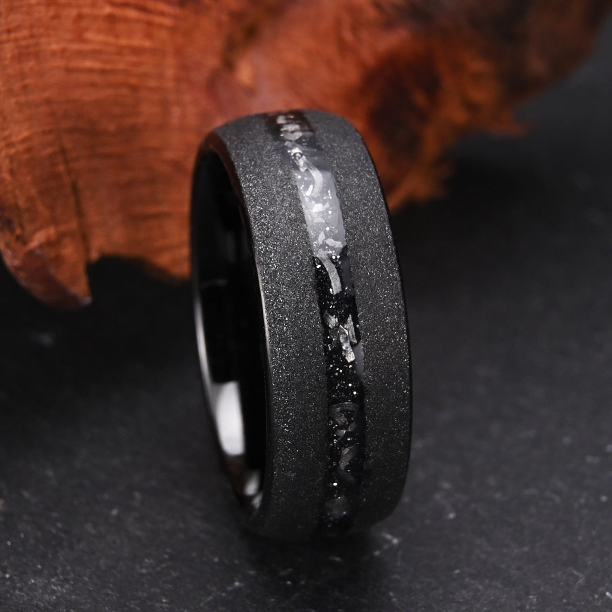 Tungsten steel curved sandblasted black meteorite ring men's wedding band - PENFINE