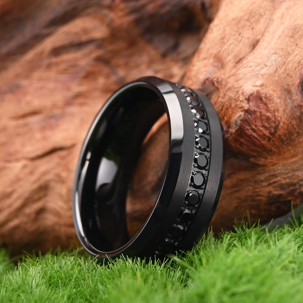 8mm tungsten gold men's wedding band steel hammered black ring electric black combination inlaid with black zircon - PENFINE
