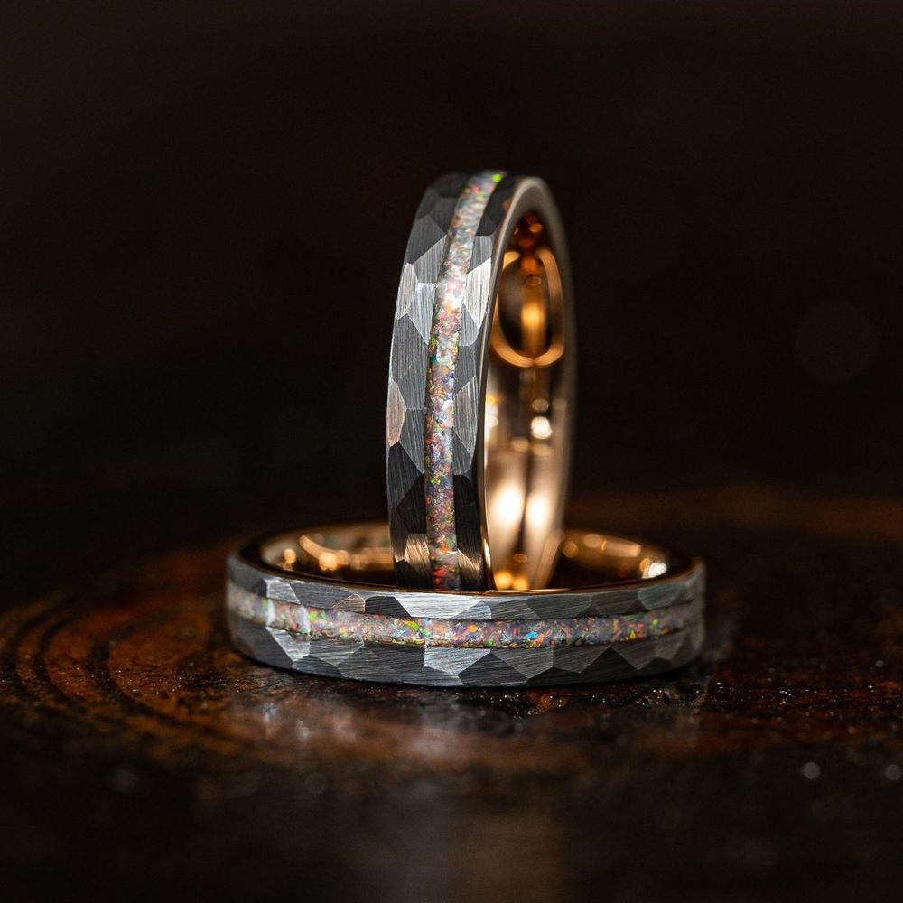 6mm Men's wedding band Tungsten Steel Hammered Electric Rose Ring Inlaid with Orbo Tungsten Gold - PENFINE