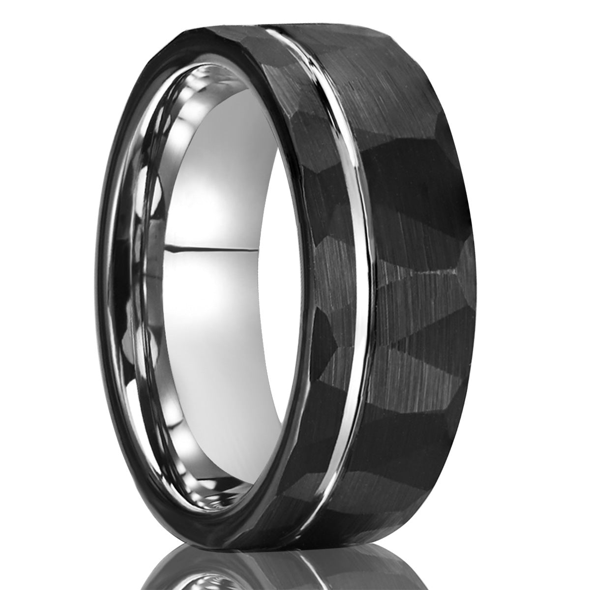 8mm Tungsten Ring, Hammered Flat Texture & Black Electroplated, Minimalist Men's Jewelry - PENFINE