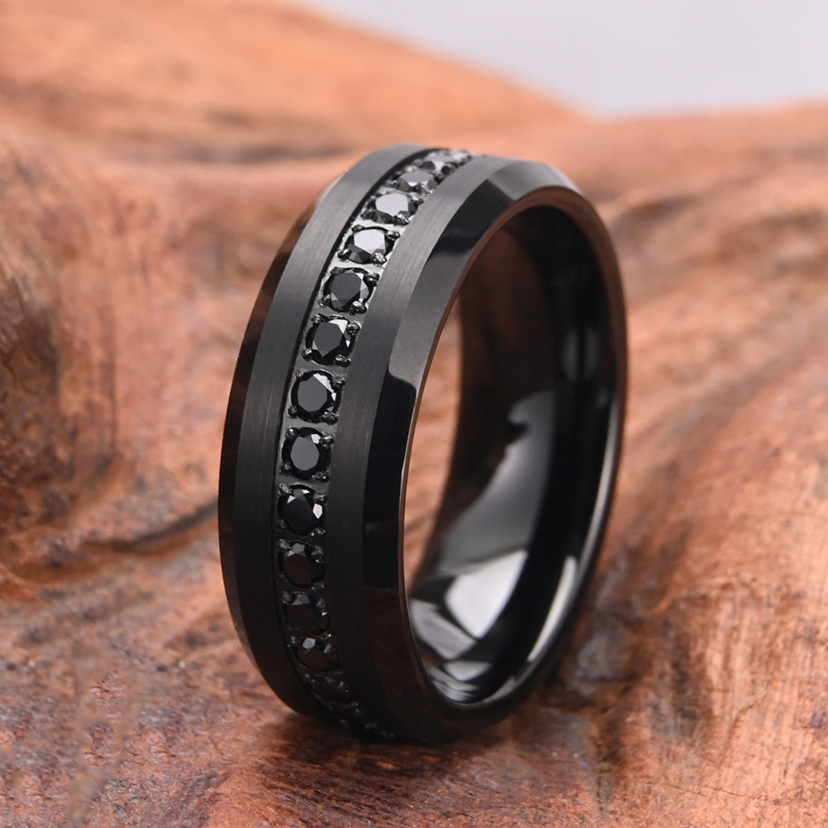 8mm tungsten gold men's wedding band steel hammered black ring electric black combination inlaid with black zircon - PENFINE