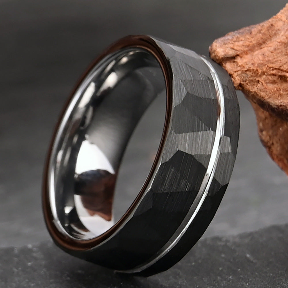 8mm Tungsten Ring, Hammered Flat Texture & Black Electroplated, Minimalist Men's Jewelry - PENFINE