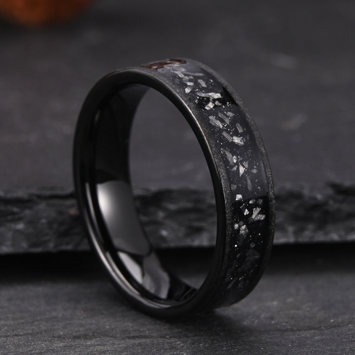 6mm men's wedding band Couple Ring Tungsten Steel Inlaid Meteorite Slice Black Sandblasted - PENFINE