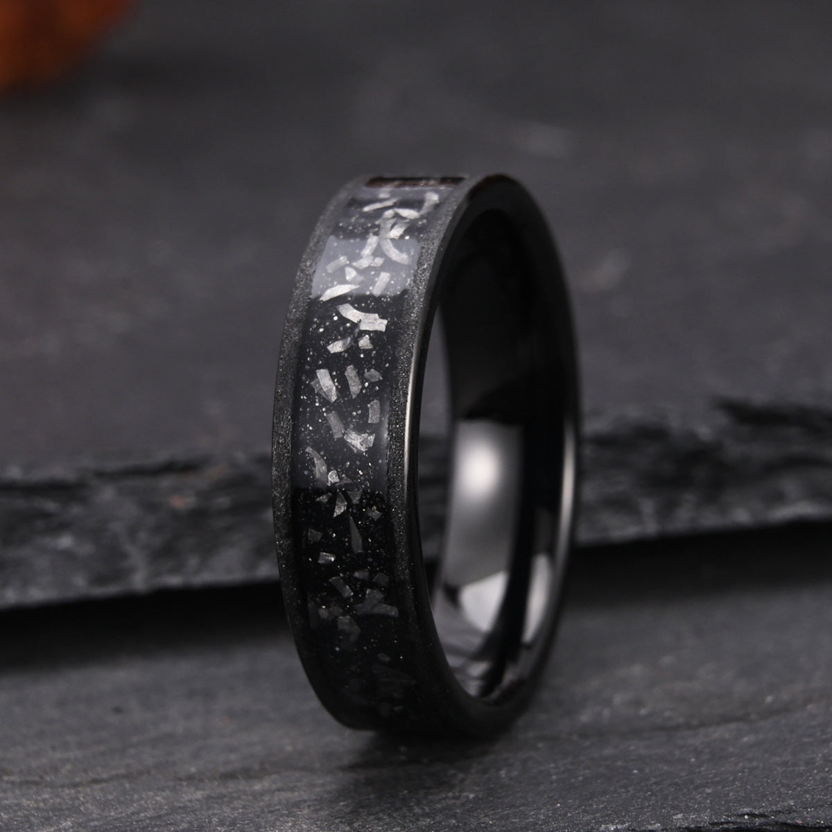 6mm men's wedding band Couple Ring Tungsten Steel Inlaid Meteorite Slice Black Sandblasted - PENFINE