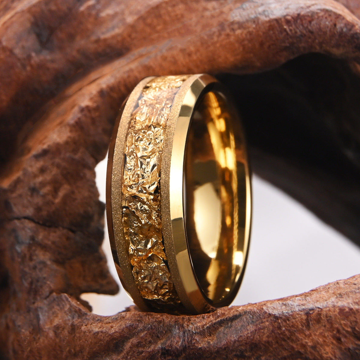 8mm tungsten steel gold sandblasted yellow gold inlaid with gold foil men's ring - PENFINE