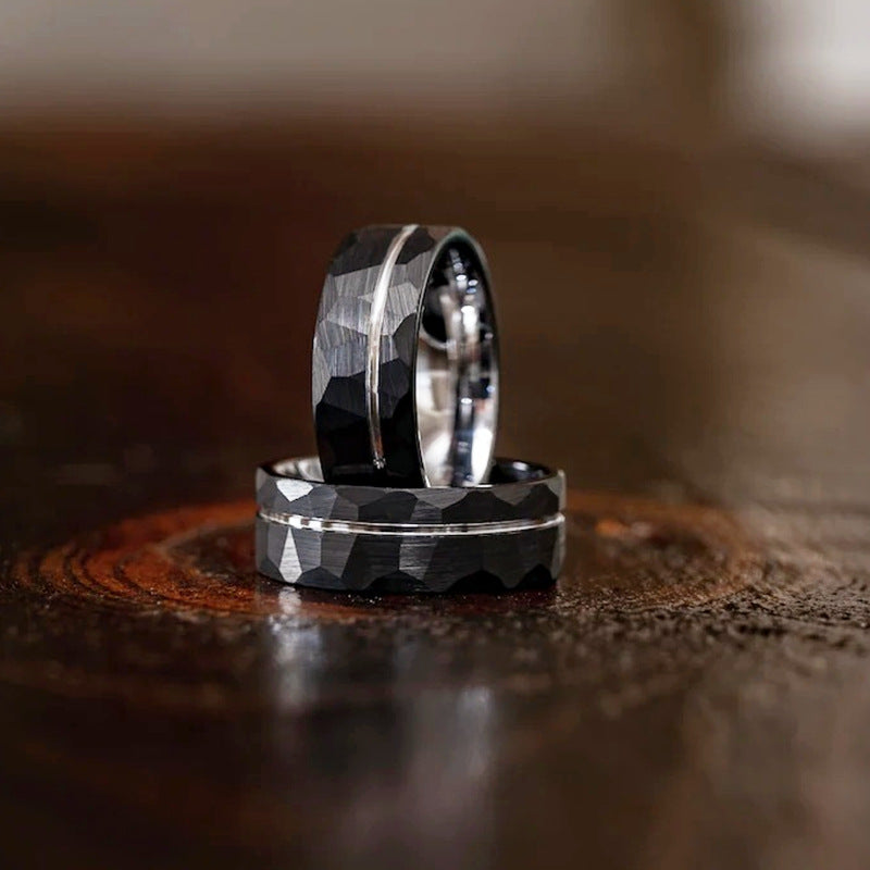 8mm Tungsten Ring, Hammered Flat Texture & Black Electroplated, Minimalist Men's Jewelry - PENFINE