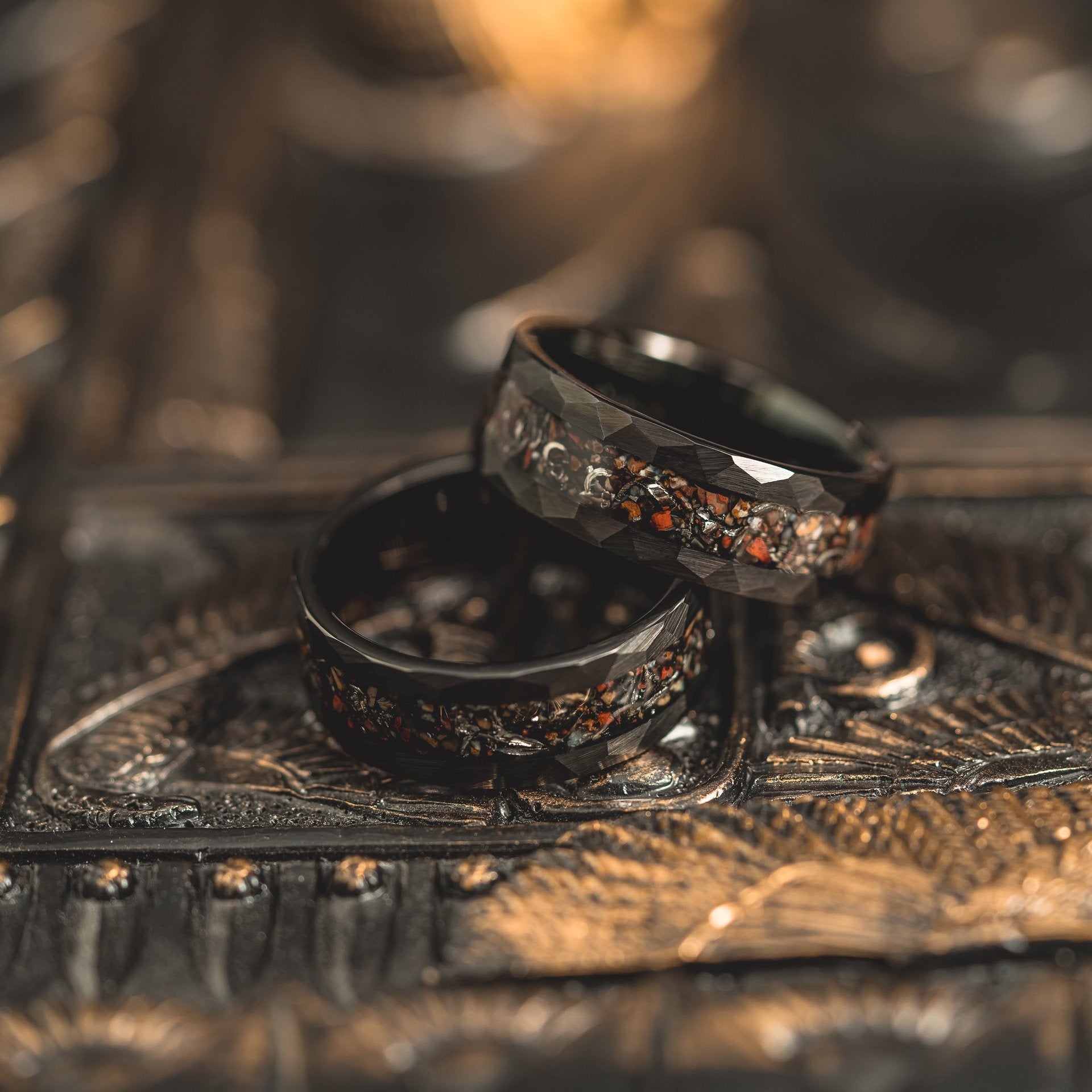 8mm tungsten gold men's wedding band steel hammered black ring Inlaid dinosaur fossils - PENFINE