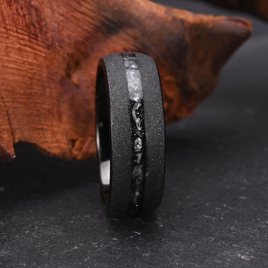 Tungsten steel curved sandblasted black meteorite ring men's wedding band - PENFINE