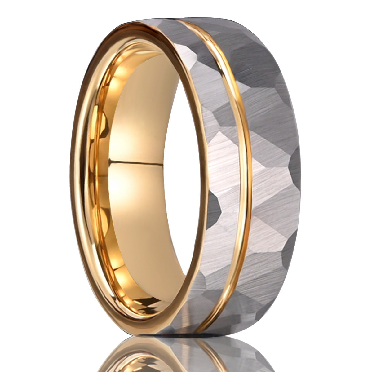 8mm men's wedding band Wide Tungsten Ring New Men's Gold Hammered Ring - PENFINE