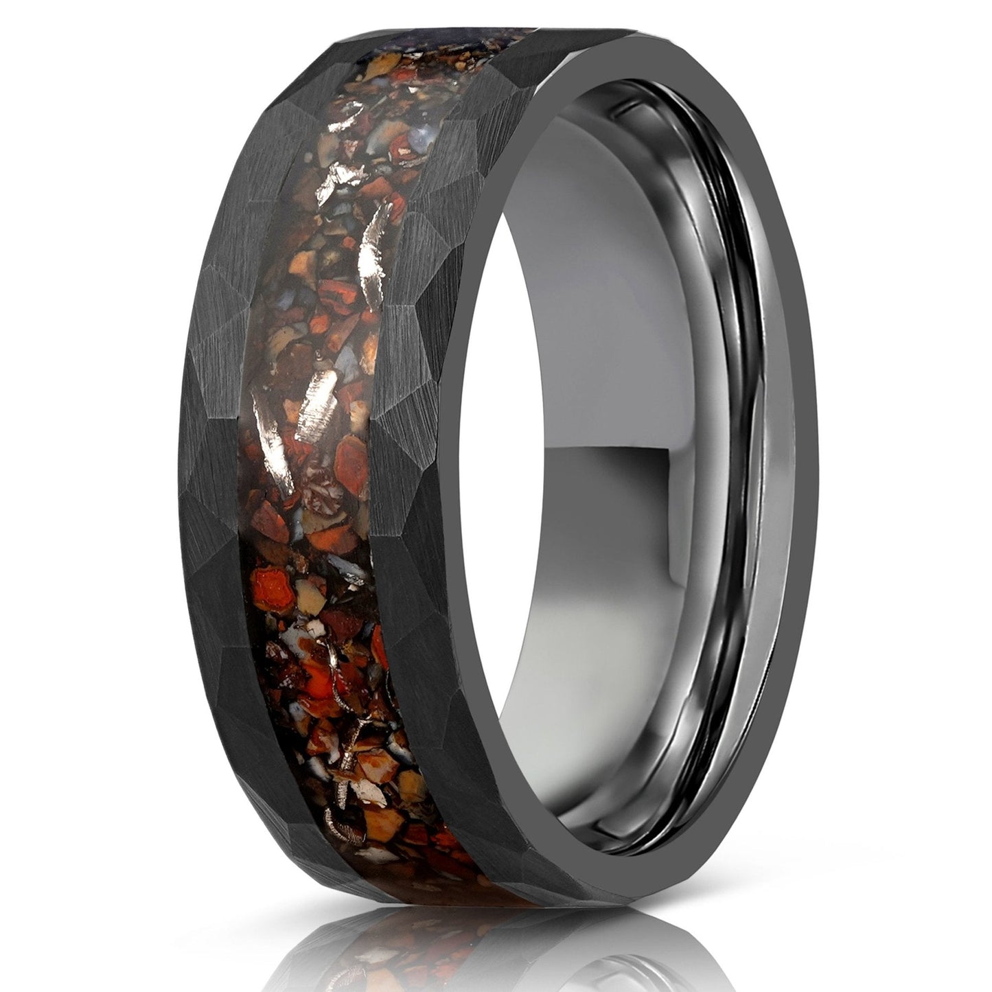 8mm tungsten gold men's wedding band steel hammered black ring Inlaid dinosaur fossils - PENFINE
