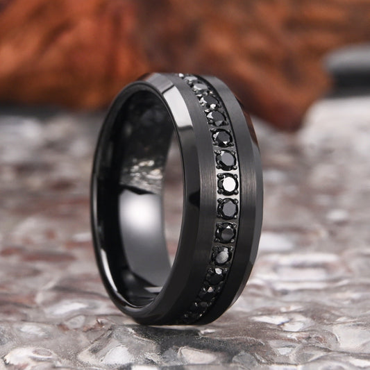 8mm tungsten gold men's wedding band steel hammered black ring electric black combination inlaid with black zircon - PENFINE