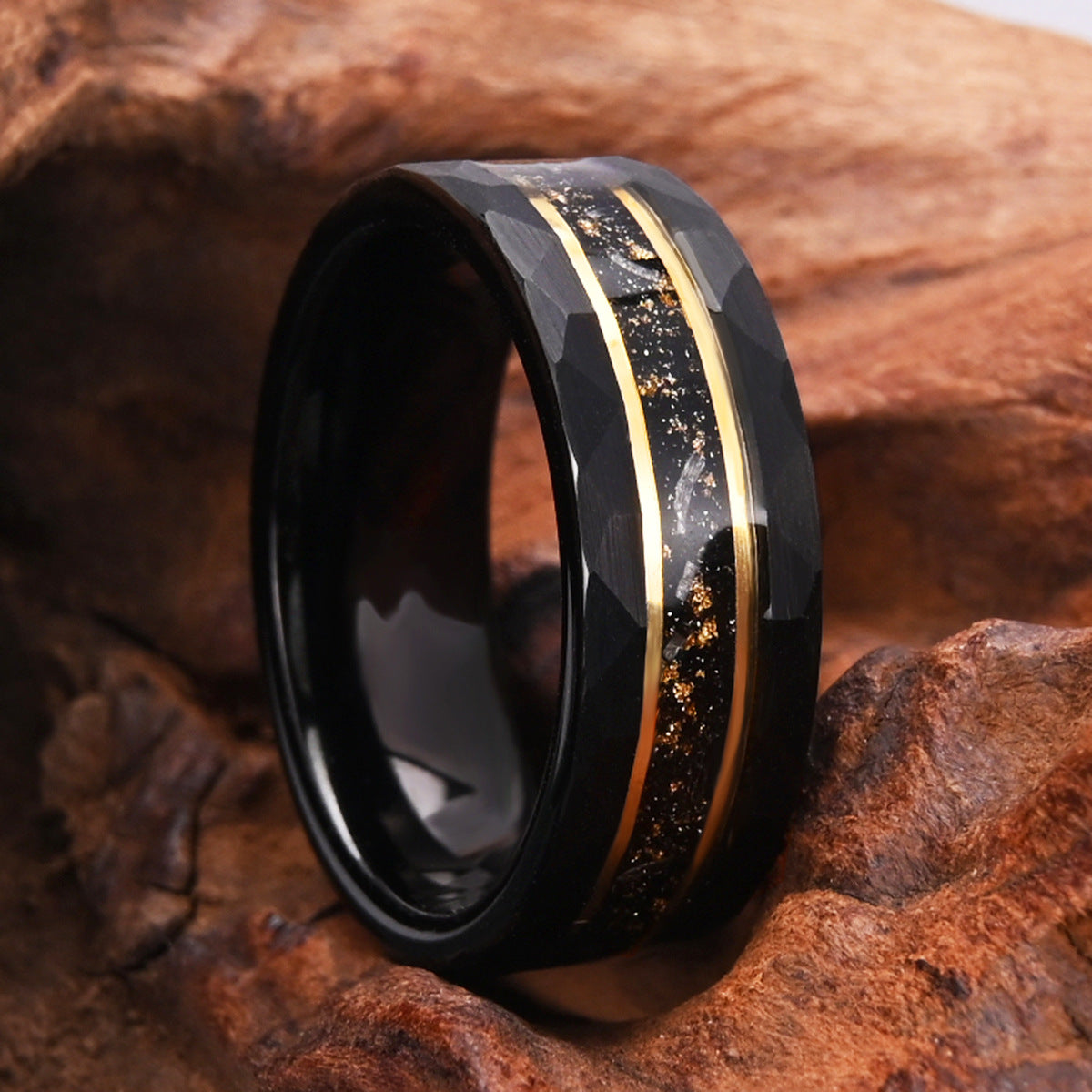 8mm men's wedding band Electric black tungsten steel with crushed gold foil meteorite opal - PENFINE