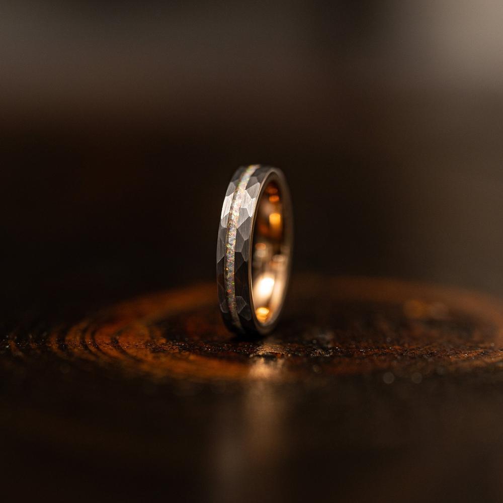 6mm Men's wedding band Tungsten Steel Hammered Electric Rose Ring Inlaid with Orbo Tungsten Gold - PENFINE