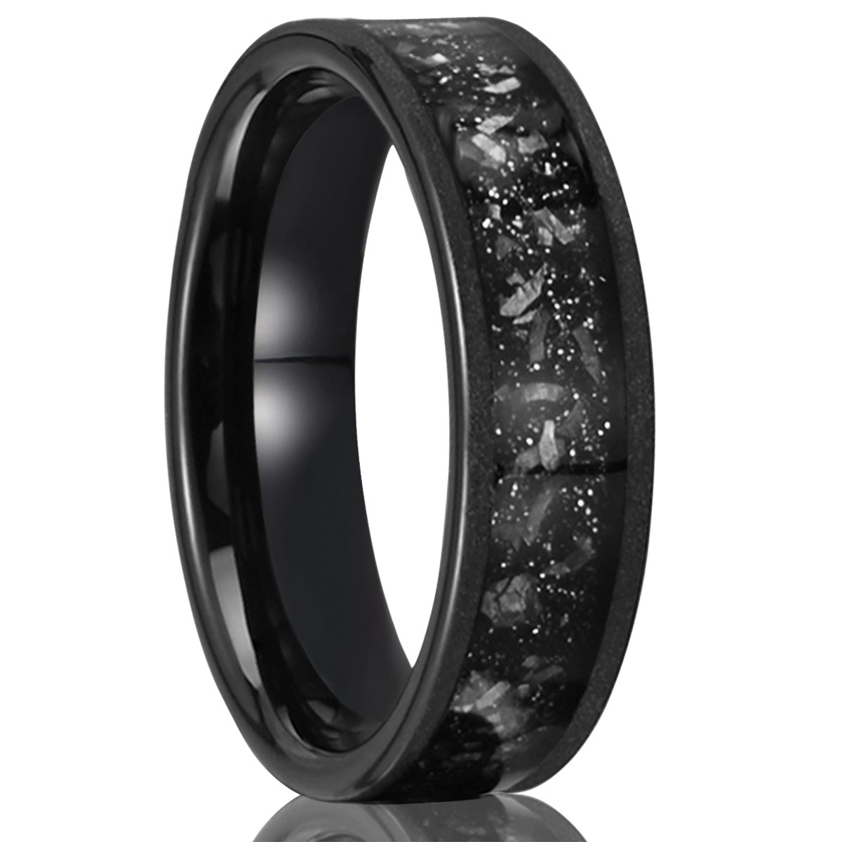 6mm men's wedding band Couple Ring Tungsten Steel Inlaid Meteorite Slice Black Sandblasted - PENFINE