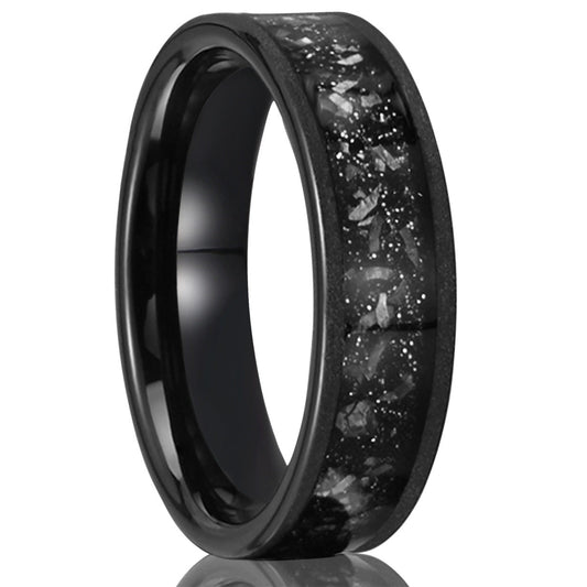 6mm men's wedding band Couple Ring Tungsten Steel Inlaid Meteorite Slice Black Sandblasted - PENFINE