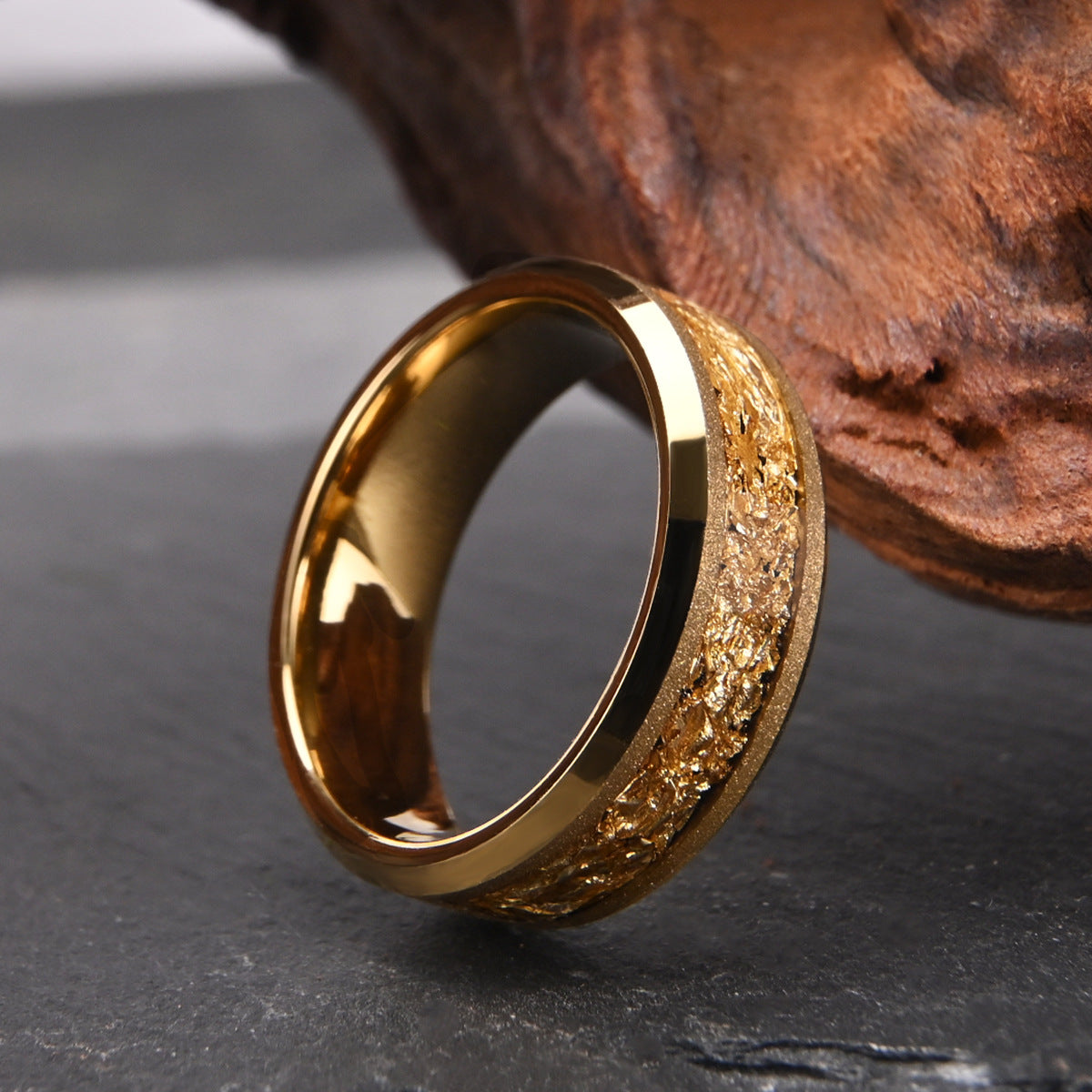 8mm tungsten steel gold sandblasted yellow gold inlaid with gold foil men's ring - PENFINE