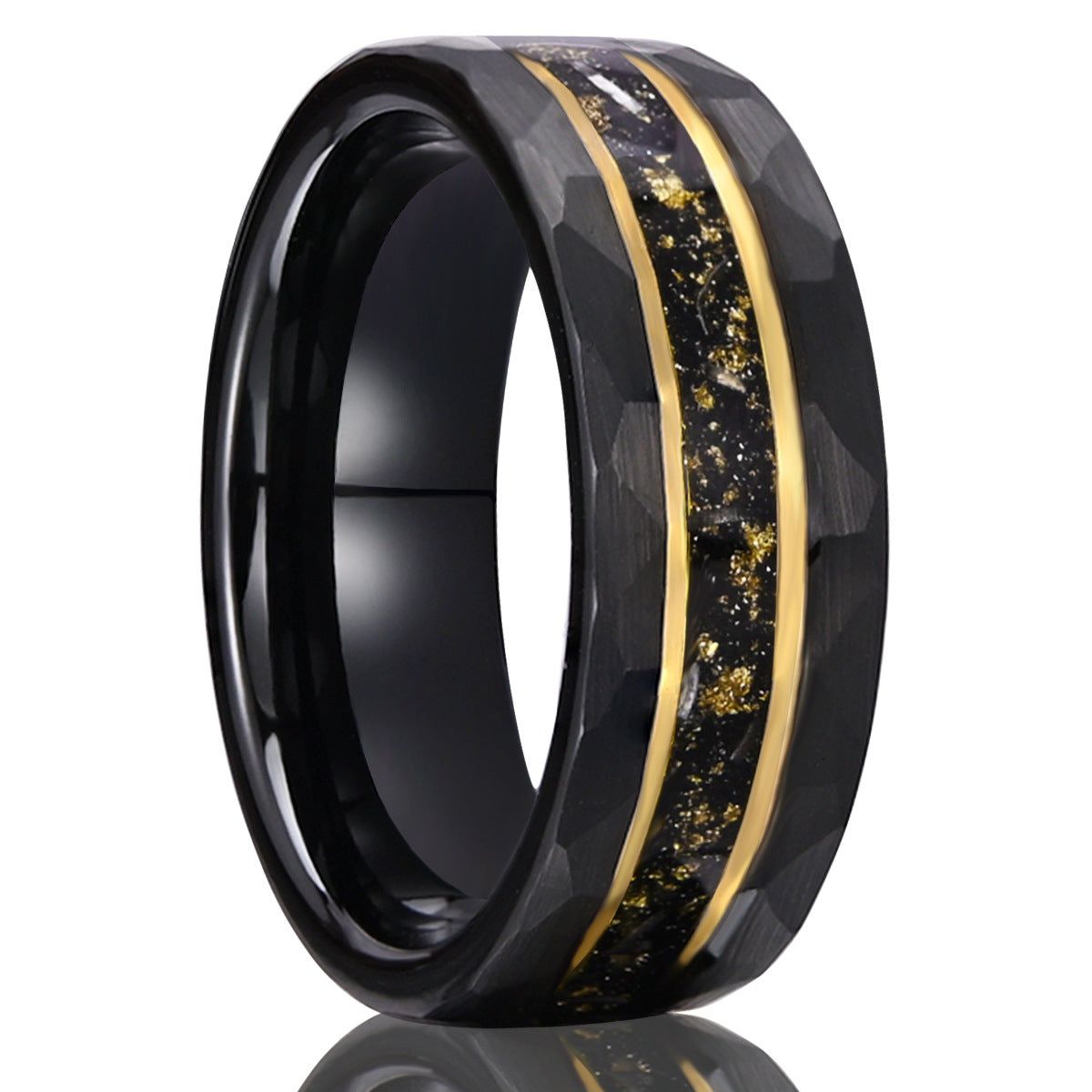 8mm men's wedding band Electric black tungsten steel with crushed gold foil meteorite opal - PENFINE