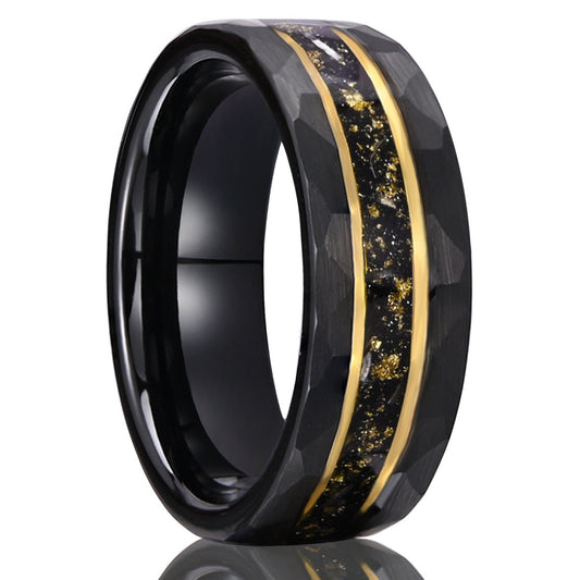 8mm men's wedding band Electric black tungsten steel with crushed gold foil meteorite opal - PENFINE