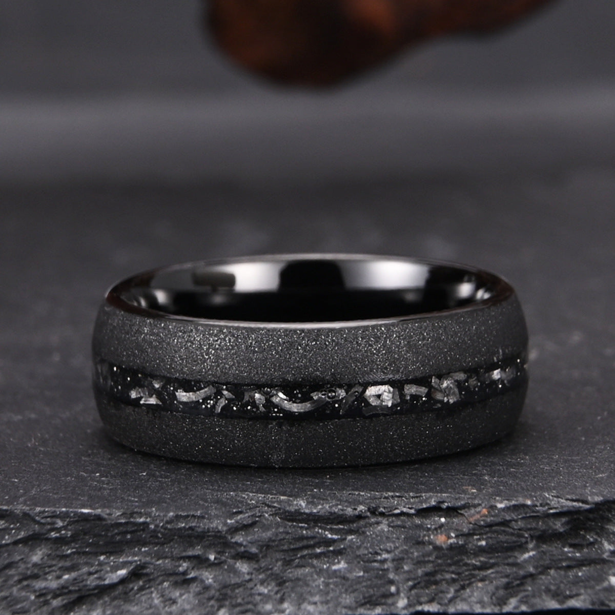 Tungsten steel curved sandblasted black meteorite ring men's wedding band - PENFINE
