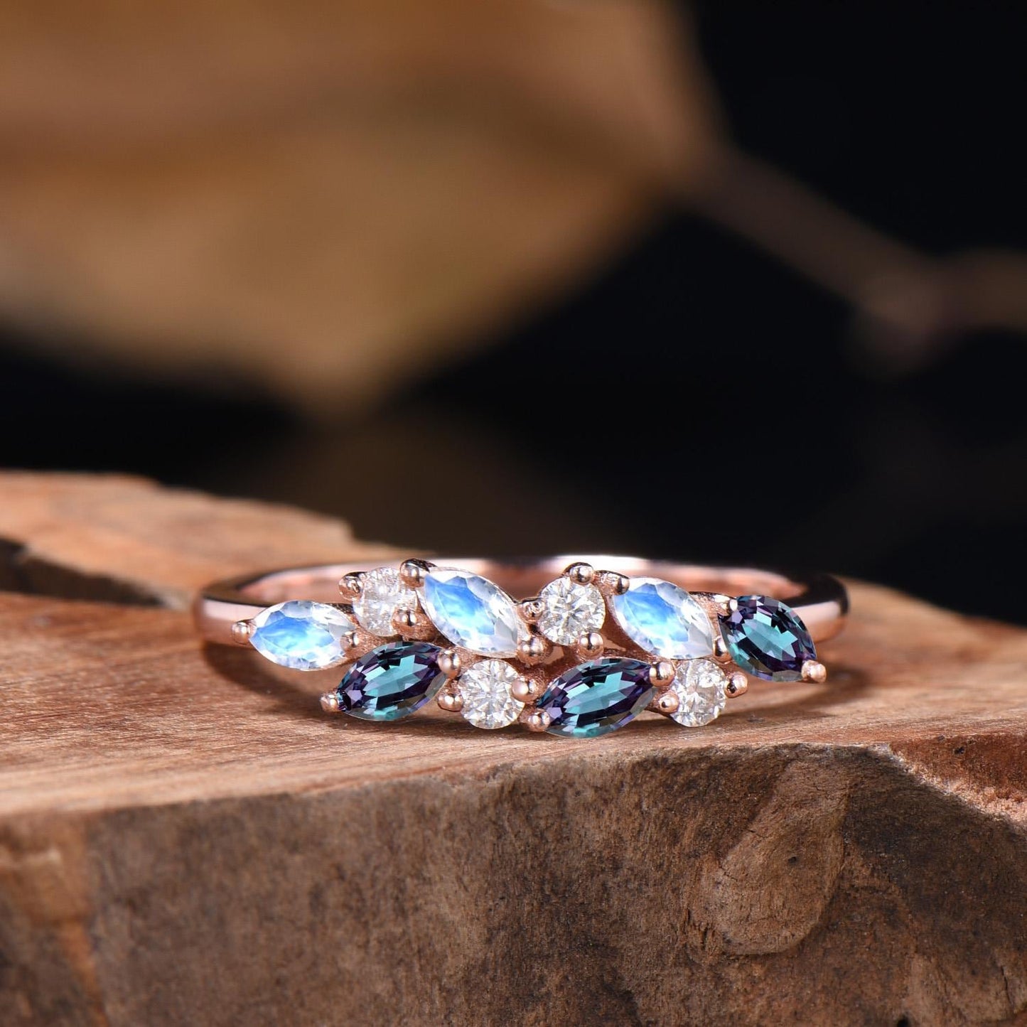 Vintage Marquise Cut Alexandrite Moonstone Wedding Band Dainty June Birthstone Cluster Ring Art Deco 14k Rose Gold Anniversary Gift Women