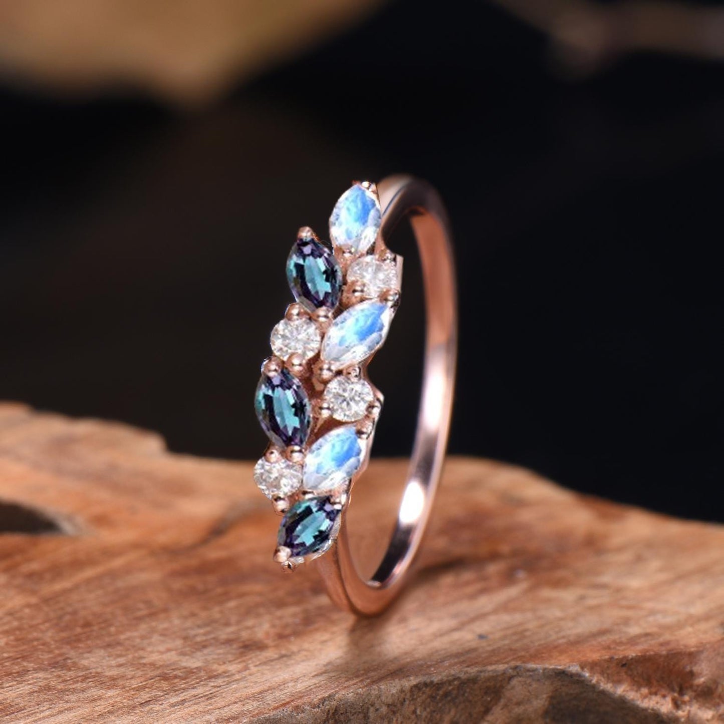 Vintage Marquise Cut Alexandrite Moonstone Wedding Band Dainty June Birthstone Cluster Ring Art Deco 14k Rose Gold Anniversary Gift Women