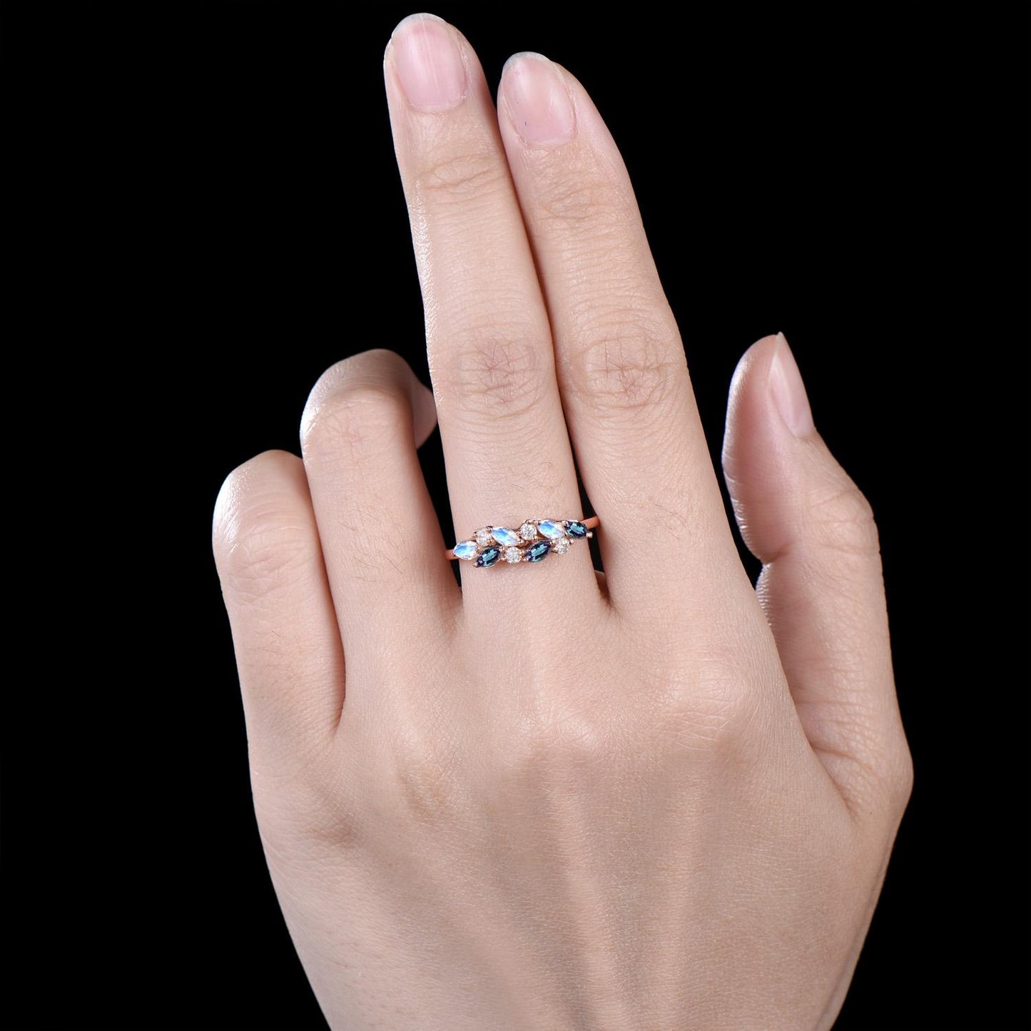 Vintage Marquise Cut Alexandrite Moonstone Wedding Band Dainty June Birthstone Cluster Ring Art Deco 14k Rose Gold Anniversary Gift Women